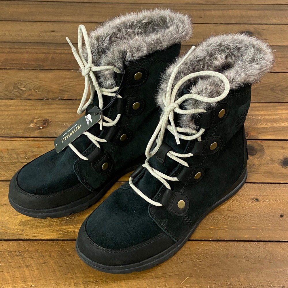 Sorel Explorer Joan Waterproof Winter Boots Faux Fur Black NL3039-010 Womens 6.5